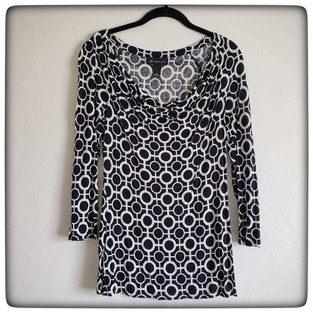 INC Black / White Geometric Patterned Top, Medium